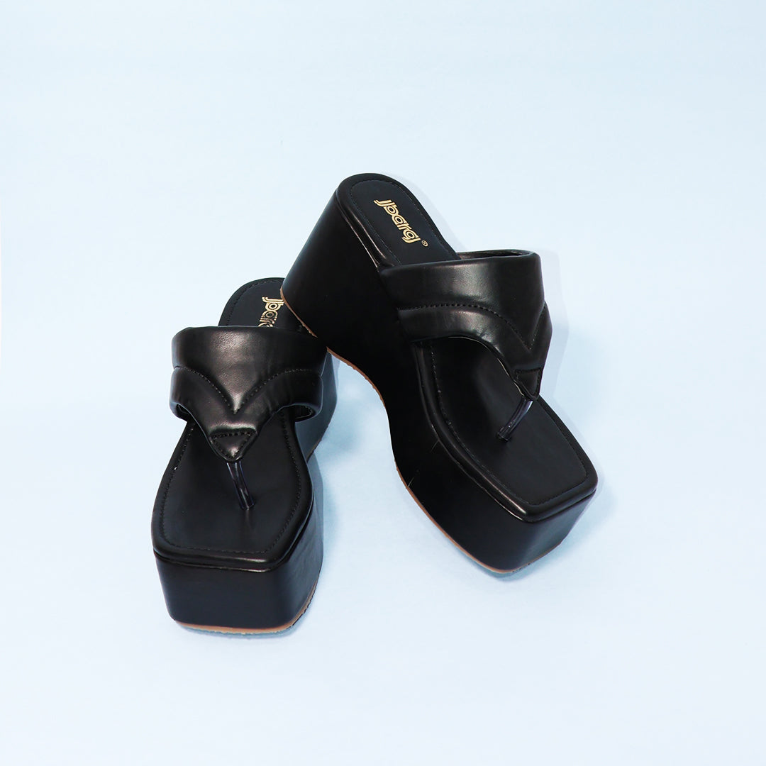 Black V Strap Wedges Heel