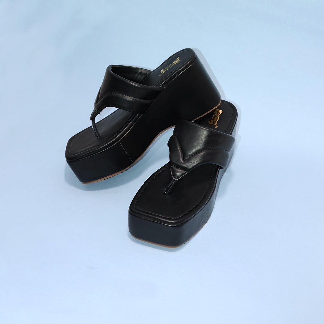 Black V Strap Wedges Heel